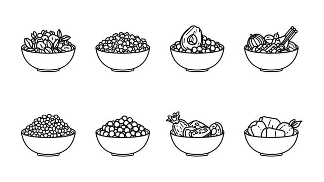 Assortment of Grain and Food Bowls: A collection of eight simple, line-art illustrations depicts various bowls filled with different types of grains, seeds, and food items.