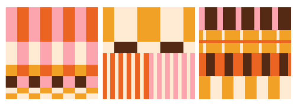 Set of cute retro geometric seamless patterns. Vintage flannel baby blanket print. Vector plaid illustration. Aesthetic maximalists checkered background.