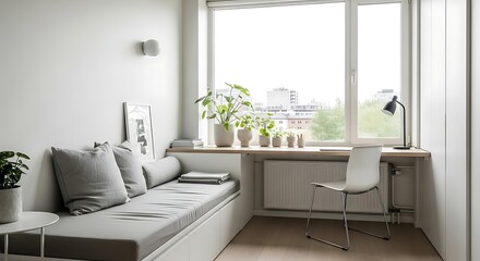 Obraz premium Modern minimalist home office interior with a cozy daybed, a wooden desk under a large window, and a white chair, creating a bright and functional workspace in a small apartment