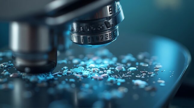 Close Up Microscope Objective and Shimmering Blue Shards on Glass Slide