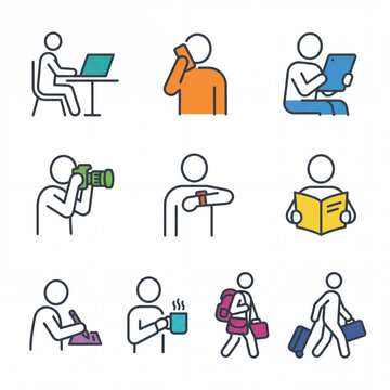 Stick figure people working office.