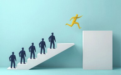 Obraz premium Yellow figure leaps over stairs surpassing blue-clad peers in ascent.