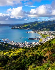 Obraz premium Aerial view of a coastal city surrounded by green hills