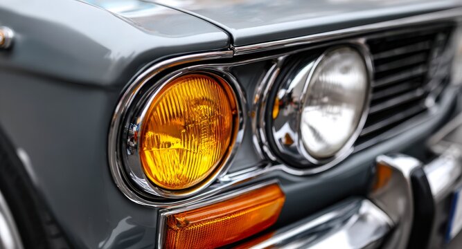 Close-up of vintage car headlight and grille details