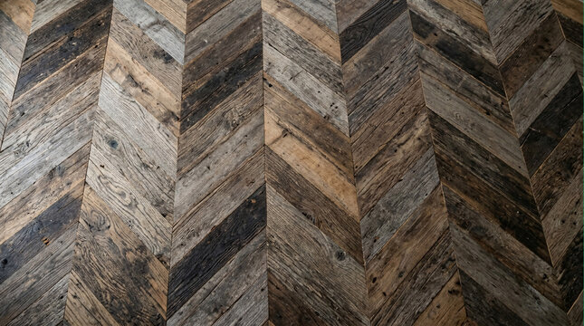 Reclaimed rustic chevron herringbone wood floor pattern with weathered gray brown planks showing natural nail holes and aged distressed texture.