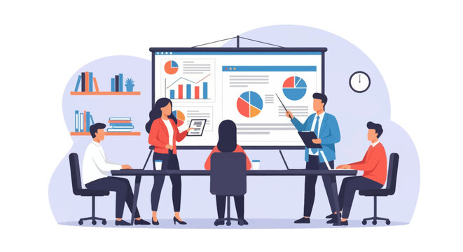 Flat vector illustration of a diverse startup team conducting a business presentation in a modern office, showing data charts and graphs on a large screen to seated colleagues.