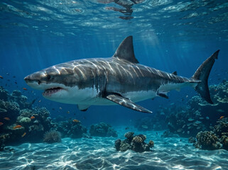 Fototapeta premium Great white shark swimming through clear blue ocean water