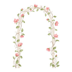 Naklejka premium Watercolor cute wooden arch with whimsical flowering climbing plant. Isolated design element for greeting or invitation wedding cards, cover or delicate background for your text. Hand-drawn print.