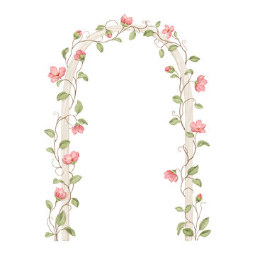 Watercolor cute wooden arch with whimsical flowering climbing plant. Isolated design element for greeting or invitation wedding cards, cover or delicate background for your text. Hand-drawn print.