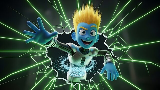 Cartoon superhero character breaking through glass with energy