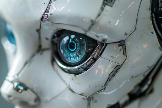 Macro shot of a detailed robotic eye with a glowing blue iris in a white metal face.