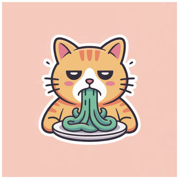 Cartoon cat eating green noodles.