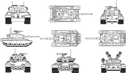 Military Tank Blueprint Vector Set Featuring Detailed Line Art of Armored Vehicles from Top Front and Side Views for Defense and Strategy Themed Designs Isolated on White Background © AFRUZA