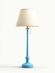 Obraz premium Classic Blue Metal Floor Lamp With White Textured Lampshade On White Background Studio Lighting