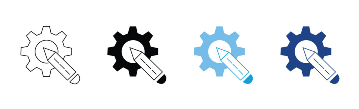 Customized icon vector set collection for web. Sign design in outline and flat style. Gear with pencil inside, symbolizing customization, setting adjustments, or editing system