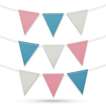 A colorful banner with pink, blue and grey flags