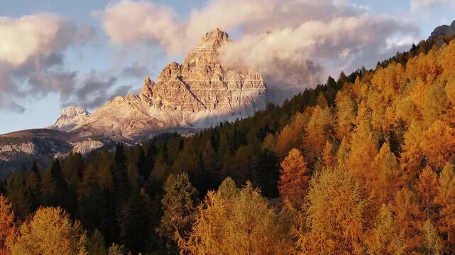Scenic aerial view of fiery autumn colours in an alpine forest. Drone view of the Dolomites in the fall, Cortina d Ampezzo valley in autumn