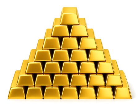 Stack of gold  bullion,bars arranged in a pyramid 3d render yellow gleaming, on white background