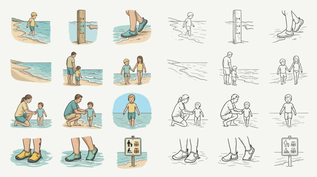 Collection of illustrations depicting children and adults enjoying a day at the beach, including wading in the water and observing a tide gauge.