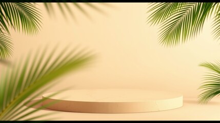 Obraz premium Minimalist stage. Beige backdrop, round platform. Palm leaves create soft shadows, elegant presentation space.