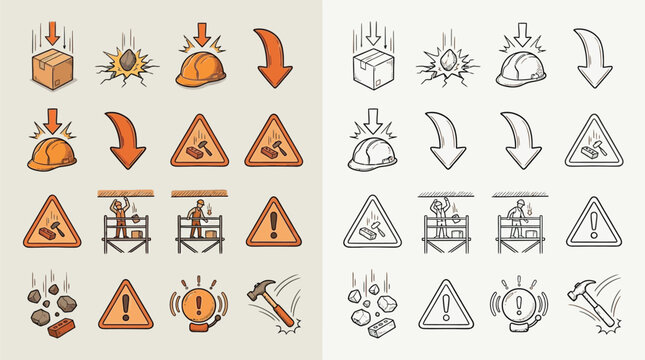 Collection of safety warning icons and symbols for construction and industrial environments, presented in both colored and sketch styles.
