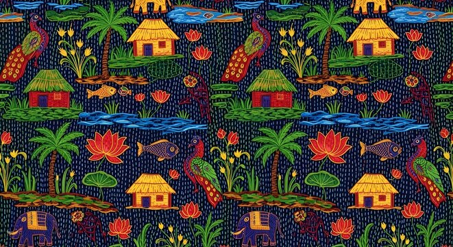 Colorful Folk Art Village Seamless Pattern Illustration