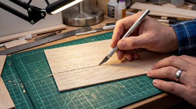 Craftsman cutting thin wood with precision knife on green mat