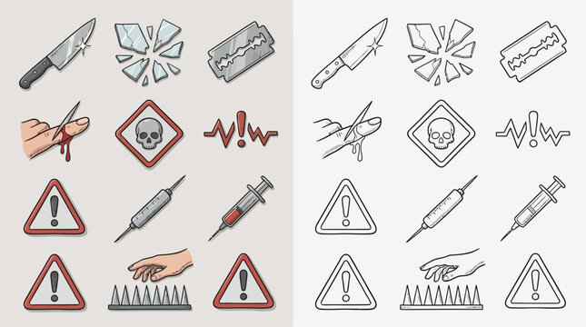 Collection of warning and danger symbols, including sharp objects, hazardous materials, and medical equipment, presented in both color and monochrome versions.