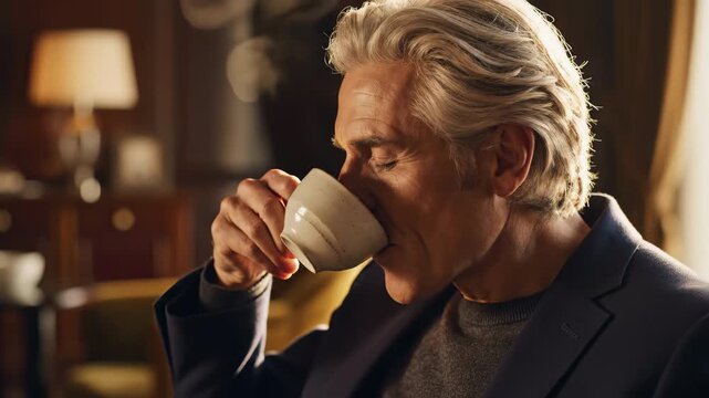 Spectacular 4k cinematic portrait of a distinguished senior individual enjoying coffee, bathed in warm golden hour glow, conveying refined maturity and luxurious daily routine for