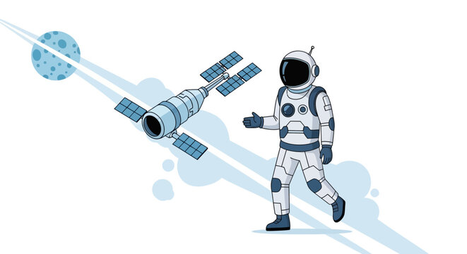 Astronaut with Satellite and Moon in Space
