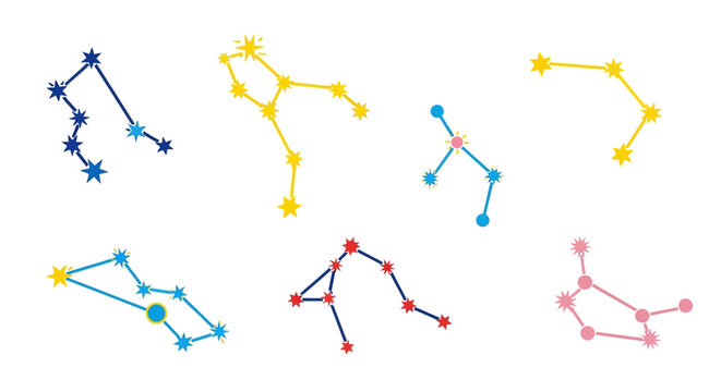 Colorful Constellations and Zodiac Signs on White Background