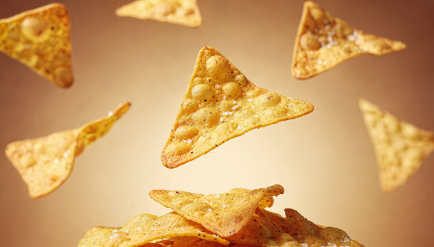Golden Crispy Triangle Chips Fall and Pile Up Against Warm Background