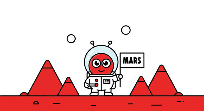 Cute alien astronaut holding Mars flag on red planet landscape