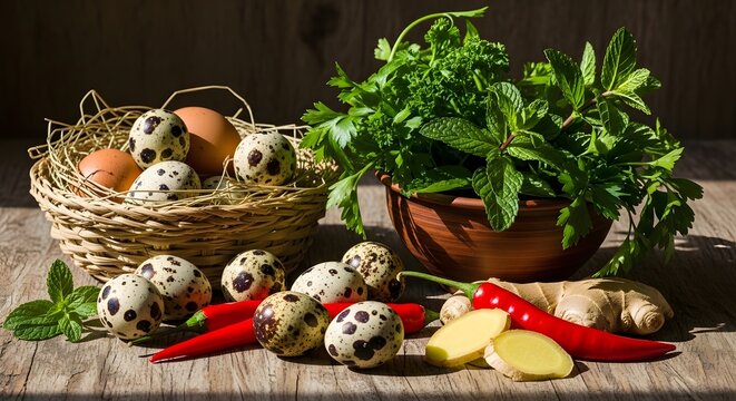 Quail eggs in a wicker basket with fresh herbs, red chili peppers, and ginger root on a rustic wooden table