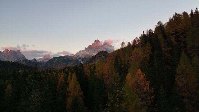 Scenic aerial view of fiery autumn colours in an alpine forest. Drone view of the Dolomites in the fall, Cortina d Ampezzo valley in autumn