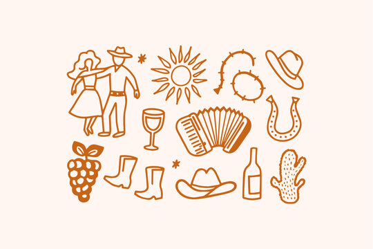 Doodle elements of country western dance music symbols with hand drawn folk music line dance accordion horseshoe illustration collection tradition lifestyle celebration southwest