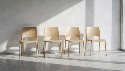 Fototapeta premium Minimalist wooden chairs in a bright, modern waiting room setting