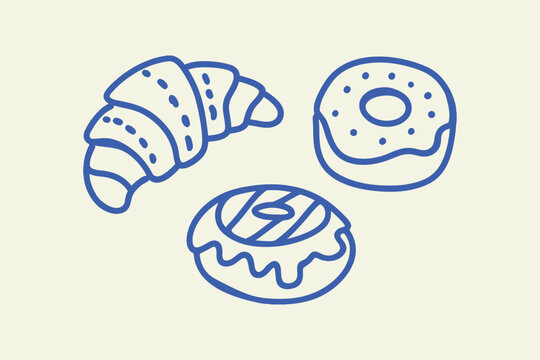 Croissant and donuts pastries with baked goods hand drawn coffee companion pastry shop bakery items croissant breakfast illustration minimalist creative delicious pastries
