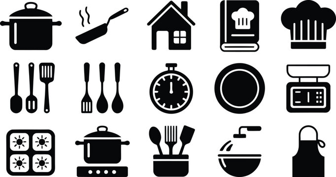 Kitchen cooking tools and culinary equipment silhouettes for restaurant menu design and home cooking preparation tasks