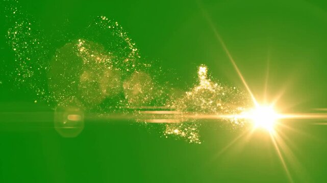 Dynamic golden light burst with shimmering particles and optical lens flare effect on a chroma key green screen. Ideal for overlays, transitions, and special effects.