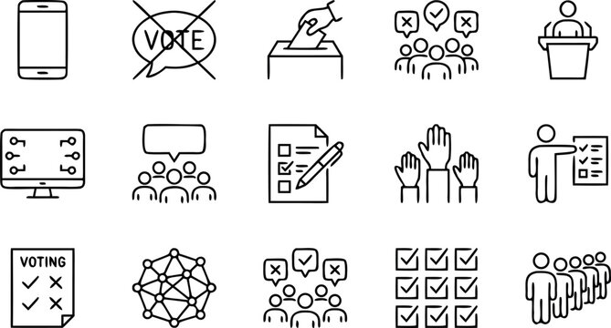 Set of Linear Icons Representing Democratic Voting Elections Public Polling Government Debates and Citizen Participation Concepts