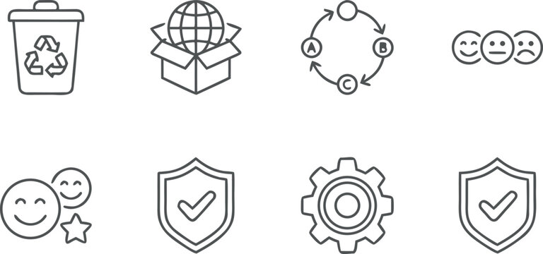Set of Linear Icons Featuring Global Logistics Environmental Recycling Customer Feedback Ratings and Data Security Symbols