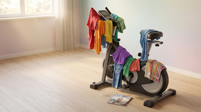 Exercise bike covered with colorful shirts in bright room  