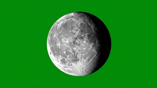 Dynamic moon phases animation on green screen, showcasing the lunar cycle from new to full moon. Perfect for compositing into various projects.