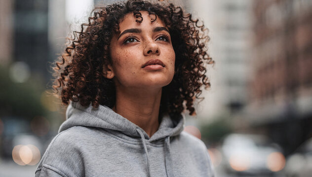 Young Woman with Curly Hair Looking Upward in an Urban Environment