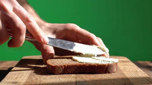 Person spreading cream cheese on a slice of rye bread with a knife
