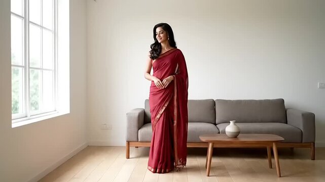 Elegant Indian Woman in Traditional Red Saree Posing Gracefully Indoors.