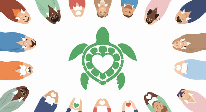 Colorful hands forming heart shape around green sea turtle illustration, eco-friendly environmental awareness concept. Vector design with diverse hand shapes.