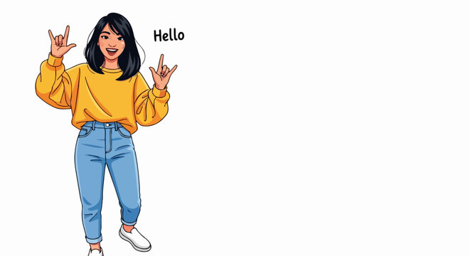 Illustrated cheerful woman waving with peace sign in casual yellow sweater and blue jeans. Vector flat design style for greeting concept. Friendly greeting illustration for social media or branding.