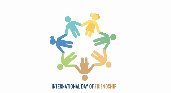 International Day of Friendship illustrated with diverse hands holding in unity, colorful vector design. Celebration concept for unity and global harmony. Vector graphic for social media, posters,